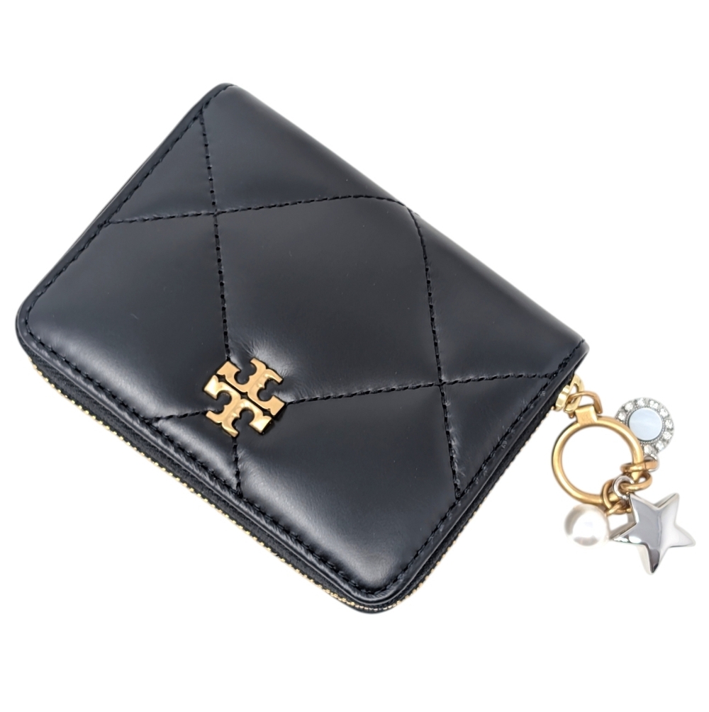 Tory Burch Small Kira Diamond Quilt Charm Zip Wallet Black Leather - Picture 9 of 9